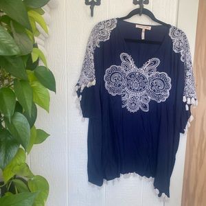 Navy Blue Embroidered Beach Coverup